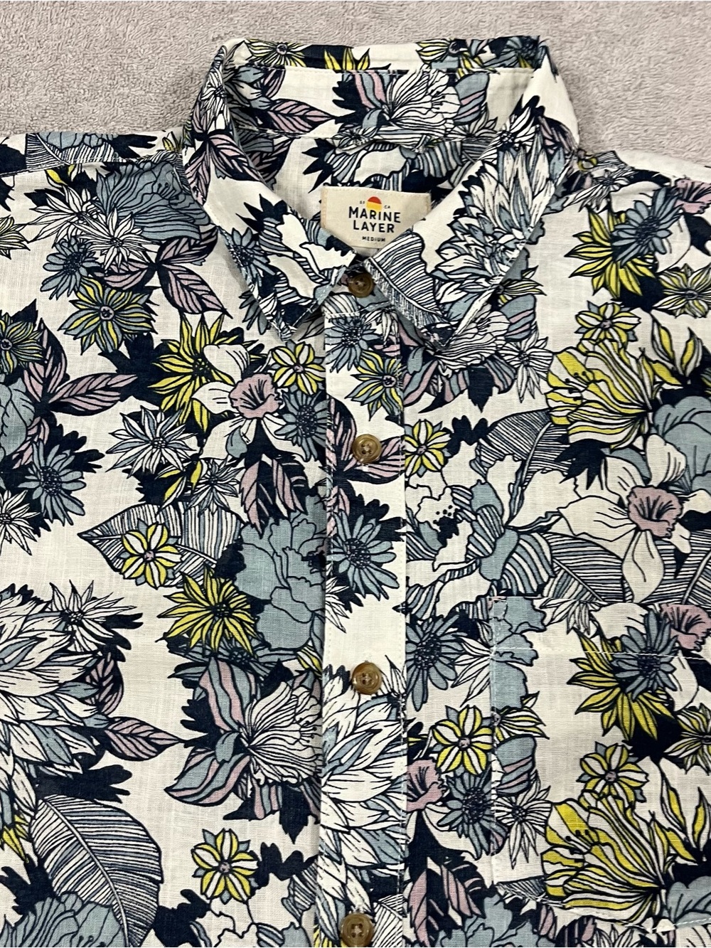 Marine Layer Shirt Mens Medium Blue Pink Floral Hawaiian Button Up Casual Cotton